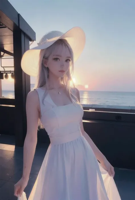 Sunset, beautiful vintage color, neon lighting of the bar nearby, ultra high, resolution shapeness, (photorealistic:1.4), 1 girl cute, beach, blue sky, full body, dynamic posing, (silver long hair), ((puffy eyes)), looking at viewer, happy, full body (8k, RAW photo, best quality, masterpiece:1.2), (realistic, photo-realistic:1.37),(sharp focus:1.2), professional lighting, photon mapping, radiosity, physically-based rendering, close up shoot, (white sleeveless long dress :1.2) sun hat, (close-up:0.9), (pale skin:1.2) <lora:wlopStyleLora_30Epochs:0.2> <lora:koreanDollLikeness_v10:0.3>