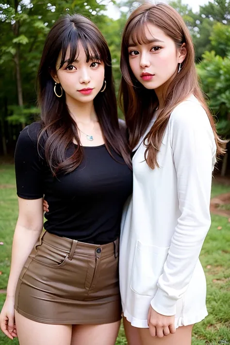 (photorealistic:1.4), 2girls, 
jewelry, looking at viewer, 
long hair, blurry, cheek-to-cheek, thighhighs, 
simple background, earrings, 
mole, necklace, lips, hair ribbon, ribbon, bangs, 
black eyes, realistic, brown eyes, outdoors, 
 <lora:koreanDollLikeness_v15:0.6>
