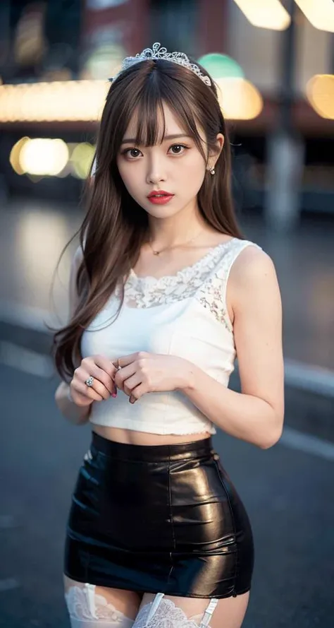 (8k, RAW photo, best quality, masterpiece:1.2),(High detail RAW color photo professional close photograph),(realistic, photo-realistic:1.37),(best shadow),(best illustration), (ultra high res,extremely detailed CG unity 8k wallpaper),(physically-based rendering),(cinematic lighting),(1 girl:1.5),(bokeh:1.4),(collarbone),(shapely), (slim waist),(oval face),(wide shoulder), (intricate lace hair ornament),(full body),(silk stockings),(mini skirt)