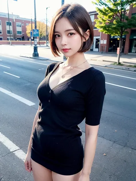(extremely detailed CG unity 8k wallpaper), (masterpiece), (best quality), (ultra-detailed), (best illustration), (best shadow), (photorealistic:1.4), 1girl on street, Kpop idol, (short hair:1.5), collarbone, no panties, (small breasts:1.3), looking at viewer, smile,upper body,school uniform,aged up, <lora:koreanDollLikeness_v15:0.4>