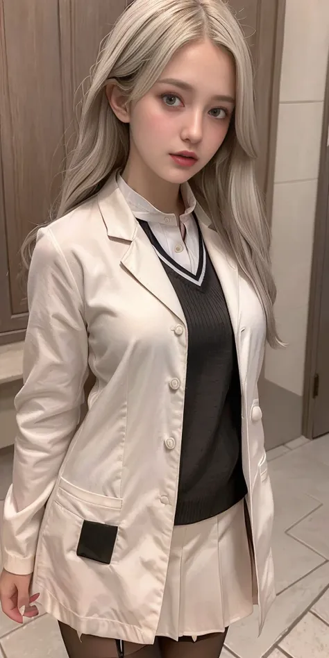 Multi-layered outfit,((half white lab coat outside)),(sailor collar school uniform),shirt, pleated skirt,(black pantyhose),<lora:Moxin_1010:0.1>, [:(detailed face:1.2):0.2], raw photo, (masterpiece), (best quality), highres, (realistic, photo-realistic:1.2), ultra detailed, physically-based rendering, 1girl, air bangs, long hair, (silvery hair), wavy hair, <lora:japaneseDollLikeness_v10:0.3>, <lora:chineseHeterochromia_v10:0.5>