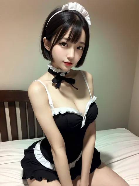 <lora:koreanDollLikeness_v15:0.66>, best quality, ultra high res, (photorealistic:1.4), 1girl, ((black and white maid clothes:1)), frills, ribbon, choker, thin, (cleavage), (curvy),small breasts, (short medium hair:1.4), (looking at viewer),on bed,Maid outfit,Maid headdress,Kneeling,full body