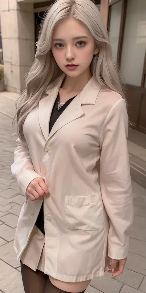 Multi-layered outfit,((half white lab coat outside)),(sailor collar school uniform),shirt, pleated skirt,(black pantyhose),<lora:Moxin_1010:0.1>, [:(detailed face:1.2):0.2], raw photo, (masterpiece), (best quality), highres, (realistic, photo-realistic:1.2), ultra detailed, physically-based rendering, 1girl, air bangs, long hair, (silvery hair), wavy hair, <lora:japaneseDollLikeness_v10:0.3>, <lora:chineseHeterochromia_v10:0.5>