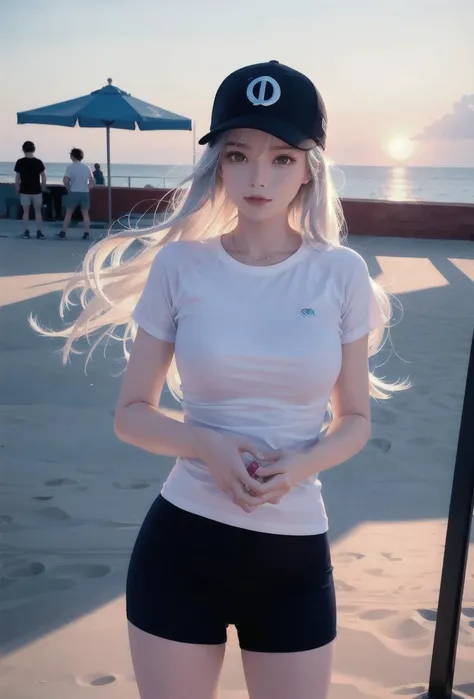 Sunset, beautiful vintage color, neon lighting of the bar nearby, ultra high, resolution shapeness, (photorealistic:1.4), 1 girl cute, beach, blue sky, full body, dynamic posing, (silver long hair), ((puffy eyes)), looking at viewer, happy, full body (8k, RAW photo, best quality, masterpiece:1.2), (realistic, photo-realistic:1.37),(sharp focus:1.2), professional lighting, photon mapping, radiosity, physically-based rendering, (closeup shoot: 1.2) close to the camera, (tight sexy t-shirt and sexy tight short :1.2) Baseball cap, (close-up:0.9), (pale skin:1.2) <lora:wlopStyleLora_30Epochs:0.2> <lora:koreanDollLikeness_v10:0.3> <lora:koreanDollLikeness_v15:0.2>
