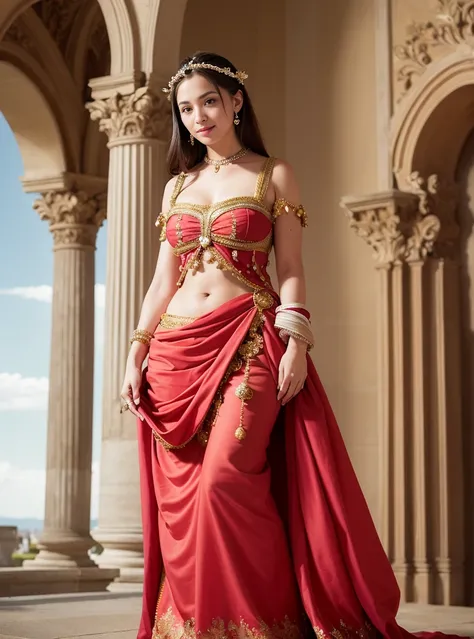 a beautiful women , perfect face, full body, Renaissance, noble dress, complicated decoration, spelling, talking, smiling, arms behind back, soft rim light, beautiful detailed sky, masterpiece, ultra high res, high quality, 4k, (photorealistic:1.2), photo,