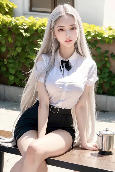 NSFW, (8k, best quality, masterpiece:1.2), (realistic, photo-realistic:1.37), ultra-detailed, 1 girl, looking at viewer, cute, beautiful detailed sky, detailed cafe, sitting at a table with afternoon tea, full body, (smile:1.15), closed mouth, medium breasts, bursting shirt buttons, beautiful detailed eyes, (collared shirt:1.1), daytime, sunshine, white lace, (long hair:1.4), shoulder-length hair, silver hair, uniform, white skin, cinematic light, street light, (hottiest actress:1.4), full body image, <lora:koreanDollLikeness_v15:0.33>, (tea table:1),(hand bag:1), ulzzang-6500-v1.1:0.3, karinak-4501-6300:1.2