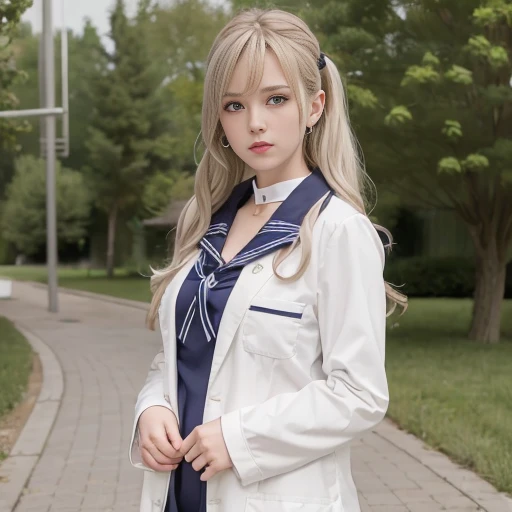((half white lab coat outside)),(sailor collar school uniform),shirt, pleated skirt,<lora:chineseTiktokIdolXiaoDianXin_v11:0.3>,<lora:Moxin_1010:0.1>, [:(detailed face:1.2):0.2], raw photo, (masterpiece), (best quality), highres, (realistic, photo-realistic:1.2), ultra detailed, physically-based rendering, 1girl, air bangs, long hair, (silvery hair), wavy hair,