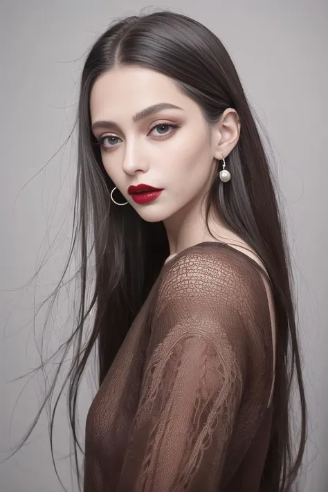 8k, best quality, masterpiece, 1girl, brown eyes, raelistic, photo, black hair, straight hair, long hair, black clothes, big eyes, round eyes, bright eyes, detailed eyes, earring, Close-up shot, depth of field, empty background, European, eye shadow, long lash, double eyelids, round mouth, smiling, red and cavernous lips,