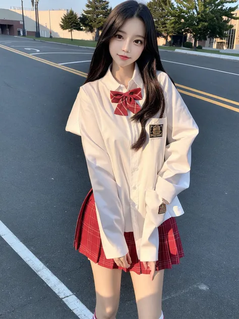 masterpiece, best quality, masterpiece,best quality,official art,extremely detailed CG unity 8k wallpaper, day,1 girl, medium hair, pleated skirt,school,<lora:jk:1>,<lora:koreanDollLikeness_v15:0.8>