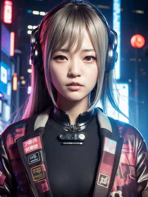 (japanese girl), (cyberpunk:1.4), (photorealistic:1.4), (best quality:1.0), (ultra highres:1.0), 8k, RAW photo, (masterpiece:0.2), ultra-detailed, 1girl, detailed skin, looking at viewer, silver hair