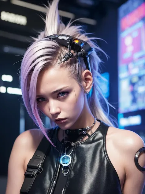 (20yo girl), (cyberpunk:1.4), (photorealistic:1.4), (best quality:1.0), (ultra highres:1.0), 8k, RAW photo, (masterpiece:0.2), ultra-detailed, 1girl, detailed skin, looking at viewer, silver hair, mohawk