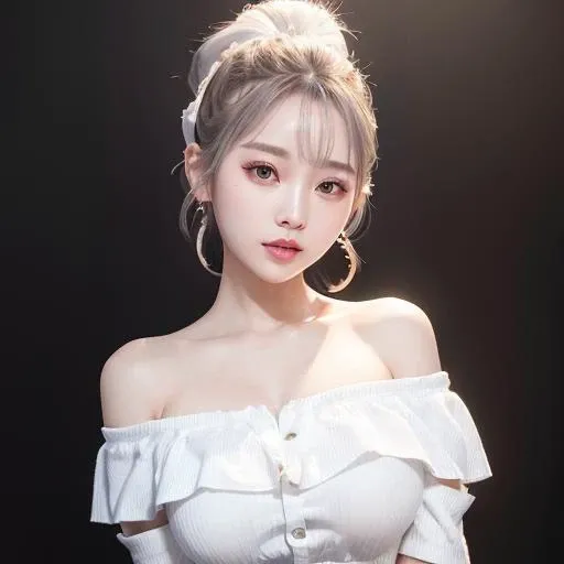 (cabakura), sweaty skin, <lora:koreanDollLikeness_v15:0.33>, <lora:chilloutmixss_xss10:0.1>, ulzzang-6500, (aegyo sal:1.0), (raw photo:1.2), (gigantic breasts:0.5), (photorealistic:1.4), best quality, masterpiece, illustration, an extremely delicate and beautiful, extremely detailed, CG,unity, 8k wallpaper, Amazing, finely detail, masterpiece, official art, extremely detailed CG unity 8k wallpaper, absurdres, incredibly absurdres, huge filesize, ultra-detailed, highres, extremely detailed, beautiful detailed girl, extremely detailed eyes and face, beautiful detailed eyes, light on face, cinematic lighting, looking at viewer, wide hips, thick thighs, (orgasm:1.4), (white off shoulder dress clothes:1.6), (smile:1.2), 11 line abs, porn pose, model pose, (silver_short_waved_hair:1.4), (silver_high_ponytail:1.4), portrait, (beautiful Korean woman), (Kpop idol), (bust shot:1.7), (no_bra), (background_photo_studio:1.6), (small breast:1.2), (nude), (naked)