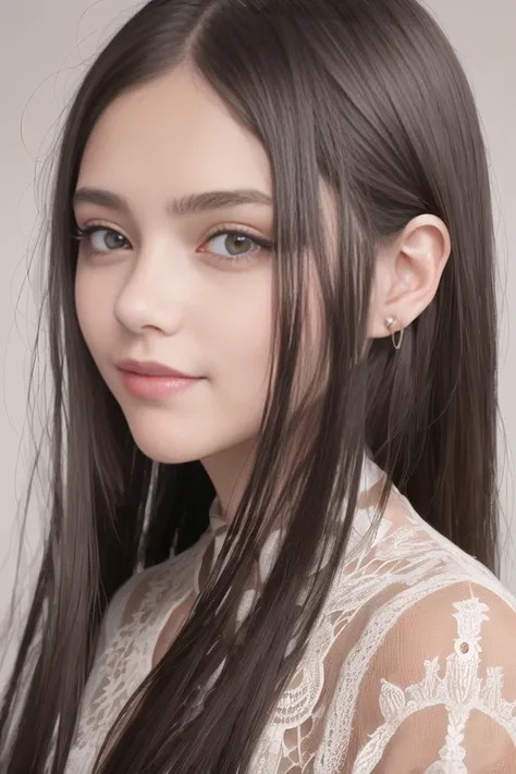 8k, best quality, masterpiece, 1girl, brown eyes, raelistic, photo, eye bags, black hair, straight hair, long hair, black clothes, big eyes, round eyes, bright eyes, detailed eyes, earring, Close-up shot, depth of field, empty background, European, eye shadow, long lash, double eyelids, round mouth, smiling,