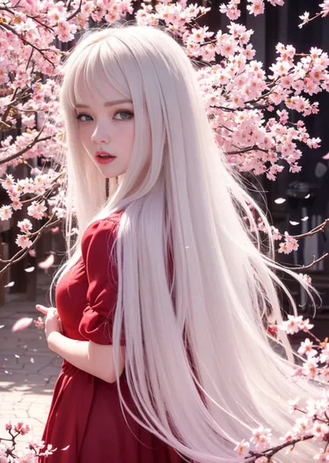 <lora:chineseDollLikeness_v10:0.8>, best quality, ultra high res, (photorealistic:1.4), cinema light, depth of field ,beautiful face, | (1girl in the air), natural makeup, red chinese dress, pale skin, messy hair, white hair, dark studio background, look at viewer, standing, (angry:1.3), (smile:1), (iu),iu, (scattered sakura petals:1.331)