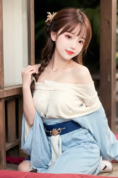 <lora:chilloutmixss_xss10:0.6>,
<lora:koreanDollLikeness_v10:0.2>,
 <lora:chunmomoLora_v11:0.2>
<lora:elegantHanfuRuqun_v10:0.8>,
(RAW photo, best quality,high quality,highres), (realistic, photo-realistic), ultra-detailed,(front lighting), closed up portrait photo,physically-based rendering,chunmomo, 1girl,(highly detailed skin:1.3),((wide shot)),(full body), 1girl, [(blue ru_qun:1.4):(hanfu:1.4):0.2],(big breasts), black choker, red hair ornament,white detailed clothes, (blue obi:1.4), (extremly berutiful detailed face), happy mood, detailed eyes, looking at viewer,smile,(smooth chin:0.85), long hair, blunt bangs, braid, golden hair ornament, ((off shoulder, )), lying down,