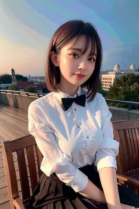 <lora:koreanDollLikeness_v10:0.3>,<lora:taiwanDollLikeness_v10:0.2>(8k, RAW photo, best quality, masterpiece:1.2), (realistic, photo-realistic:1.37), ultra-detailed, 1 girl,cute, solo,beautiful detailed sky,detailed cafe,night,sitting,dating,(nose blush),(smile:1.1),(closed mouth), medium breasts,beautiful detailed eyes,(collared shirt:1.1), bowtie,pleated skirt,(short hair:1.2),floating hair