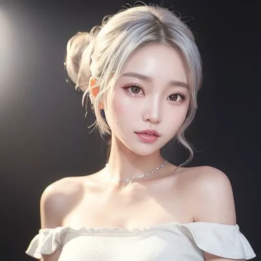 (cabakura), sweaty skin, <lora:koreanDollLikeness_v15:0.33>, <lora:chilloutmixss_xss10:0.1>, ulzzang-6500, (aegyo sal:1.0), (raw photo:1.2), (gigantic breasts:0.5), (photorealistic:1.4), best quality, masterpiece, illustration, an extremely delicate and beautiful, extremely detailed, CG,unity, 8k wallpaper, Amazing, finely detail, masterpiece, official art, extremely detailed CG unity 8k wallpaper, absurdres, incredibly absurdres, huge filesize, ultra-detailed, highres, extremely detailed, beautiful detailed girl, extremely detailed eyes and face, beautiful detailed eyes, light on face, cinematic lighting, looking at viewer, wide hips, thick thighs, (orgasm:1.4), (white off shoulder dress clothes:1.6), (smile:1.2), 11 line abs, porn pose, model pose, (silver_short_waved_hair:1.4), (silver_high_ponytail:1.4), portrait, (beautiful Korean woman), (Kpop idol), (bust shot:1.7), (no_bra), (background_photo_studio:1.6), (small breast:1.2), (nude), (naked)