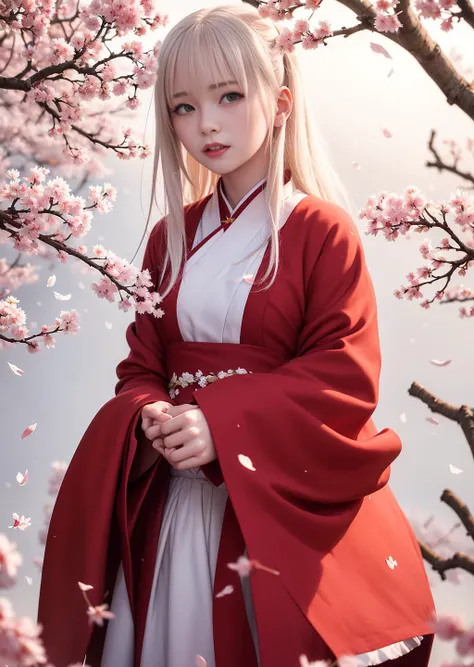 <lora:chineseDollLikeness_v10:0.8>, best quality, ultra high res, (photorealistic:1.4), cinema light, depth of field ,beautiful face, | (1girl in the air), natural makeup, red chinese dress, pale skin, messy hair, white hair, dark studio background,  look at viewer,  standing, (angry:1.3), (smile:1), (iu),iu, (scattered sakura petals:1.331)