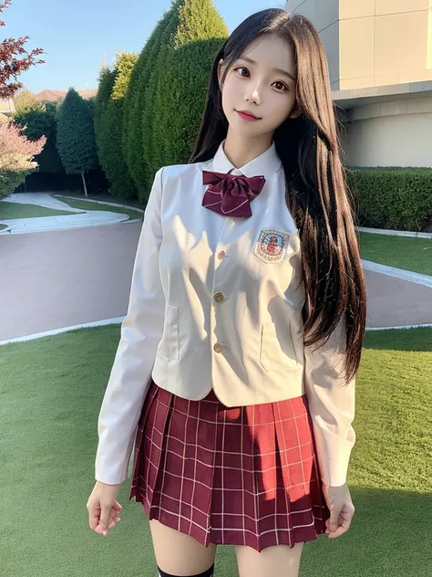 masterpiece, best quality, masterpiece,best quality,official art,extremely detailed CG unity 8k wallpaper, day,1 girl, medium hair, pleated skirt,school,<lora:jk:1>,<lora:koreanDollLikeness_v15:0.8>