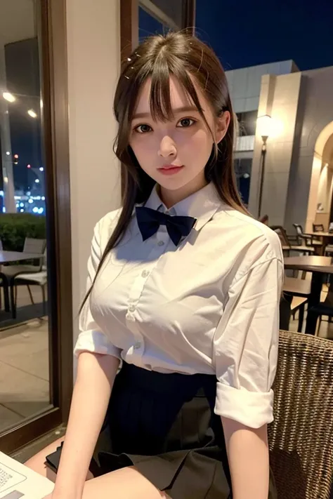 <lora:koreanDollLikeness_v10:0.3>,<lora:taiwanDollLikeness_v10:0.2>(8k, RAW photo, best quality, masterpiece:1.2), (realistic, photo-realistic:1.37), ultra-detailed, 1 girl,cute, solo,beautiful detailed sky,detailed cafe,night,sitting,dating,(nose blush),(smile:1.1),(closed mouth), medium breasts,beautiful detailed eyes,(collared shirt:1.1), bowtie,pleated skirt,(short hair:1.2),floating hair