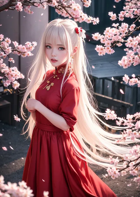 <lora:chineseDollLikeness_v10:0.8>, best quality, ultra high res, (photorealistic:1.4), cinema light, depth of field ,beautiful face, | (1girl in the air), natural makeup, red chinese dress, pale skin, messy hair, white hair, dark studio background, look at viewer, standing, (angry:1.3), (smile:1), (iu),iu, (scattered sakura petals:1.331)