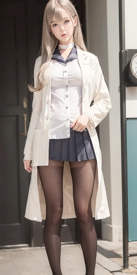 (((unbuttoned half white lab coat outside))),(sailor school uniform:1.25),<lora:Moxin_1010:0.2>,((pleated skirt)),((cover full leg black pantyhose:1.2)), [:(detailed face:1.2):0.2], raw photo, (masterpiece), (best quality), highres, (realistic, photo-realistic:1.2), ultra detailed, physically-based rendering, 1girl, air bangs, long hair, (silvery hair), wavy hair,