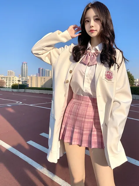 masterpiece, best quality, masterpiece,best quality,official art,extremely detailed CG unity 8k wallpaper, day, cityscape, girl, medium hair, pink hair, pleated skirt,<lora:jk:1>,<lora:koreanDollLikeness_v15:0.8>