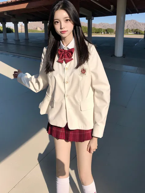 masterpiece, best quality, masterpiece,best quality,official art,extremely detailed CG unity 8k wallpaper, day,1 girl, medium hair, pleated skirt,school,<lora:jk:1>,<lora:koreanDollLikeness_v15:0.8>