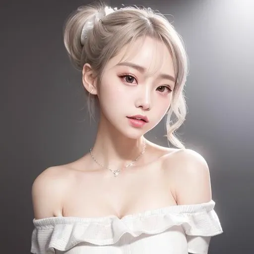(cabakura), sweaty skin, <lora:koreanDollLikeness_v15:0.33>, <lora:chilloutmixss_xss10:0.1>, ulzzang-6500, (aegyo sal:1.0), (raw photo:1.2), (gigantic breasts:0.5), (photorealistic:1.4), best quality, masterpiece, illustration, an extremely delicate and beautiful, extremely detailed, CG,unity, 8k wallpaper, Amazing, finely detail, masterpiece, official art, extremely detailed CG unity 8k wallpaper, absurdres, incredibly absurdres, huge filesize, ultra-detailed, highres, extremely detailed, beautiful detailed girl, extremely detailed eyes and face, beautiful detailed eyes, light on face, cinematic lighting, looking at viewer, wide hips, thick thighs, (orgasm:1.4), (white off shoulder dress clothes:1.6), (smile:1.2), 11 line abs, porn pose, model pose, (silver_short_waved_hair:1.4), (silver_high_ponytail:1.4), portrait, (beautiful Korean woman), (Kpop idol), (bust shot:1.7), (no_bra), (background_photo_studio:1.6), (small breast:1.2), (nude), (naked)