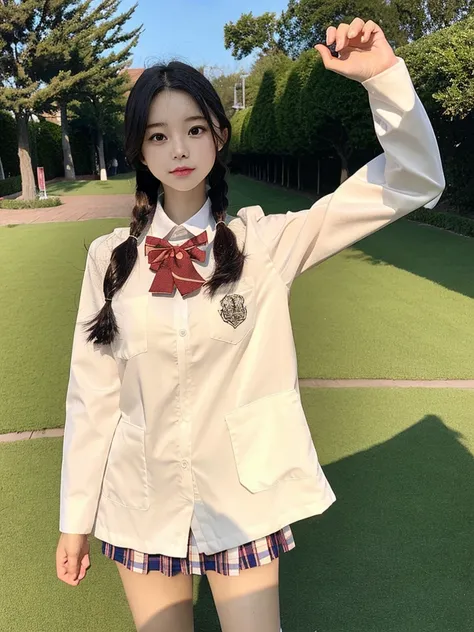 masterpiece, best quality, masterpiece,best quality,official art,extremely detailed CG unity 8k wallpaper, day,1 girl, medium hair, pleated skirt,school,<lora:jk:1>,<lora:koreanDollLikeness_v15:0.8>