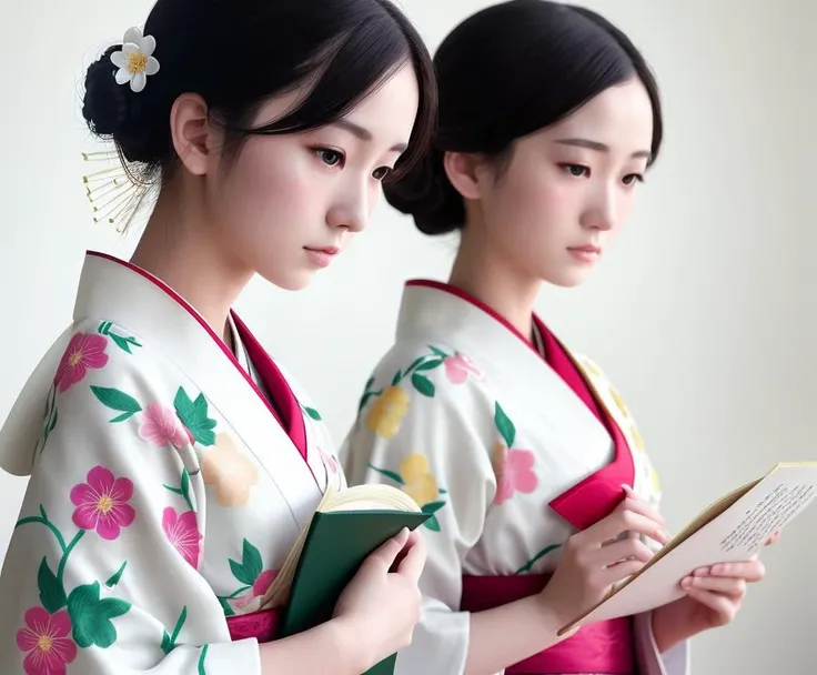 a photo of a pale, 1  college girls,skinny, full body , kanzashi, Japanese national dress, floral Kimono, reading parchment
looking at camera, white background, (natural skin texture, hyperrealism, soft light, sharp:1.2)
