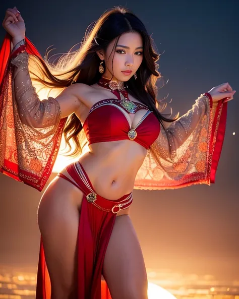 woman in japanese dress dancing against the backdrop of the moon, full body, beautiful face, detailed face, soft clear skin, many small details
(Masterpiece:1.2), best quality looking at the viewer, (fine details:1.5), fine black hair, intricate details, (detailed background), (highly detailed skin: 1.8 ), (scarlet hair), pointy hair, (closed eyes), skinny, navel, cute, (intricate details), Exquisite details, (tousled hair), (fantasy), perfect face, (coloured skin), dynamic angle, depth of field, cinematic light, better shadow, translucent skin, ((floating)), global illumination, photogenic pose, photogenic expression, symmetry