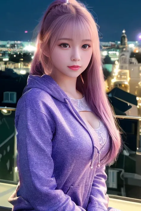 (8k, RAW photo, best quality, masterpiece), (realistic, photo-realistic:1.2), ultra-detailed, 1 girl,cute, solo,beautiful detailed sky,detailed cafe,night,sitting,dating,nose blush,closed mouth,beautiful detailed eyes,wearing Hoodie jacket,dolfin shorts,average body,floating hair,short purple hair,GIRL,FEMININE,pink eyes, ultra-fine details, intricate scene, ambient lighting, soft glow, elegant,symmetrical facial features, accurate anatomy, anatomically correct girl, scenic, gossamer, ethereal, Entire body,ponytail,gentle,mild,wise,big breast,<lora:koreanDollLikeness_v10:0.3>,<lora:taiwanDollLikeness_v10:0.05>,<lora:femaleMasturbation_v1:0.1>