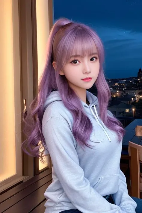 (8k, RAW photo, best quality, masterpiece), (realistic, photo-realistic:1.2), ultra-detailed, 1 girl,cute, solo,beautiful detailed sky,detailed cafe,night,sitting,dating,nose blush,closed mouth,beautiful detailed eyes,wearing  Hoodie jacket,dolfin shorts,average body,floating hair,short purple hair,GIRL,FEMININE,pink eyes, ultra-fine details, intricate scene, ambient lighting, soft glow, elegant,symmetrical facial features, accurate anatomy, anatomically correct girl, scenic, gossamer, ethereal, Entire body,ponytail,gentle,mild,wise,big breast,<lora:koreanDollLikeness_v10:0.3>,<lora:taiwanDollLikeness_v10:0.05>,<lora:femaleMasturbation_v1:0.1>