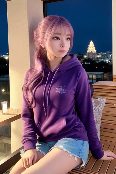 (8k, RAW photo, best quality, masterpiece), (realistic, photo-realistic:1.2), ultra-detailed, 1 girl,cute, solo,beautiful detailed sky,detailed cafe,night,sitting,dating,nose blush,closed mouth,beautiful detailed eyes,wearing  Hoodie jacket,dolfin shorts,average body,floating hair,short purple hair,GIRL,FEMININE,pink eyes, ultra-fine details, intricate scene, ambient lighting, soft glow, elegant,symmetrical facial features, accurate anatomy, anatomically correct girl, scenic, gossamer, ethereal, Entire body,ponytail,gentle,mild,wise,big breast,<lora:koreanDollLikeness_v10:0.3>,<lora:taiwanDollLikeness_v10:0.05>,<lora:femaleMasturbation_v1:0.3>