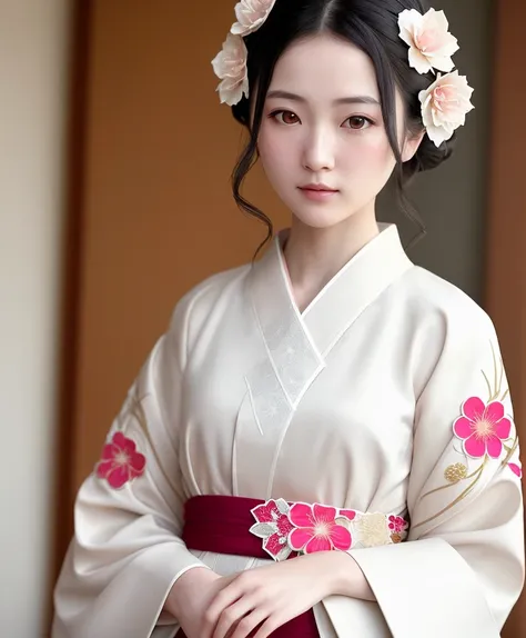 a photo of a pale, 1 college girls,skinny, full body , kanzashi, Japanese national dress, floral Kimono with intricate patterns and fine details, reading parchment
looking at camera, white background, (natural skin texture, hyperrealism, soft light, sharp:1.2)