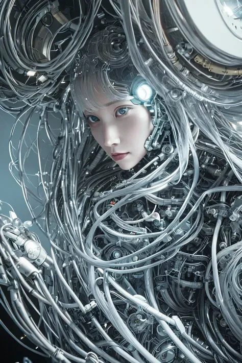 complex 3d render ultra detailed of a beautiful porcelain profile woman android face, cyborg, robotic parts, 150 mm, beautiful studio soft light, rim light, vibrant details, luxurious cyberpunk, lace, hyperrealistic, anatomical, facial muscles, cable electric wires, microchip, elegant, beautiful background, octane render, H. R. Giger style, 8k, best quality, masterpiece, illustration, an extremely delicate and beautiful, extremely detailed ,CG ,unity ,wallpaper, (realistic, photo-realistic:1.37),Amazing, finely detail, masterpiece,best quality,official art, extremely detailed CG unity 8k wallpaper, absurdres, incredibly absurdres, <lora:japaneseDollLikeness_v10:0.1>, <lora:koreanDollLikeness_v10:0.5>, robot, silver halmet, full body, sitting