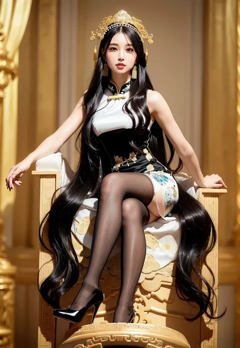 (masterpiece:1.0), (best quality:1.4), (ultra highres:1.2), (photorealistic:1.4), (8k, RAW photo:1.2), (soft focus:1.4),beautiful face,slim body,slim legs,thin waist,big hips,1 girl,solo,beautiful detailed sky,earrings, diamond flower headdress,golden crown,(( in a palace)),(((qipao:1.2))),wet skin, large breasts, long hair,(depth of field:1.1), 1 girl, (wavy black hair:1.2), (full body:1.1), (looking at viewer:1.2), (smile), (shiny nylon stockings:1.3),((high heels:1.4)), (sitting on a throne:1.5),professional lighting, photon mapping, radiosity, physically-based rendering, pureerosface_v1,<lora:koreanDollLikeness_v15:0.35>,<lora:japaneseDollLikeness_v10:0.15>