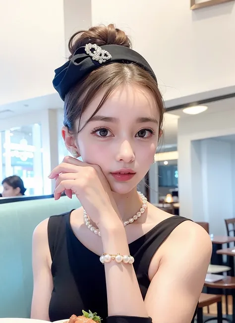 best quality, ultra high res, (photorealistic:1.4),((masterpiece, best quality)),, 8k, photorealistic, detailed skin,<lora:koreanDollLikeness_v15:0.44>,black drees,Pearl necklace,Hairpin,Big pearl,necklace,smoke,evening dress,Audrey Hepburn,Colorful,Tiffany,detailed skin,Shiny skin,((restaurant background)),((blur background)),open air,morning,front,Look at the front,Breakfast on the table,Width Shoulder,small hand,Breakfast at Tiffany's, ((formal hat ))