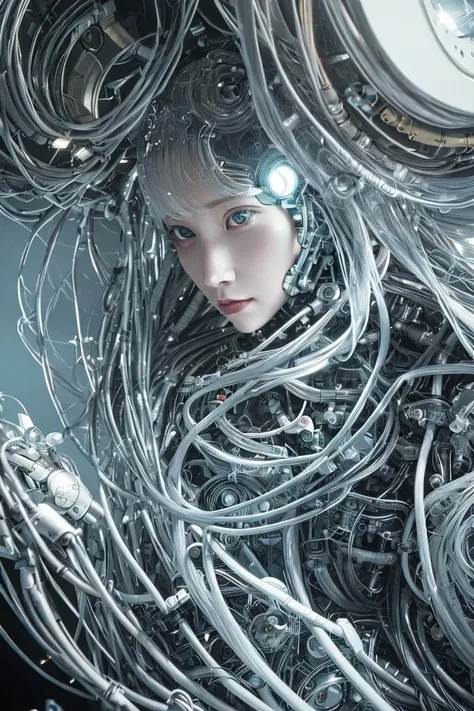 complex 3d render ultra detailed of a beautiful porcelain profile woman android face, cyborg, robotic parts, 150 mm, beautiful studio soft light, rim light, vibrant details, luxurious cyberpunk, lace, hyperrealistic, anatomical, facial muscles, cable electric wires, microchip, elegant, beautiful background, octane render, H. R. Giger style, 8k, best quality, masterpiece, illustration, an extremely delicate and beautiful, extremely detailed ,CG ,unity ,wallpaper, (realistic, photo-realistic:1.37),Amazing, finely detail, masterpiece,best quality,official art, extremely detailed CG unity 8k wallpaper, absurdres, incredibly absurdres, <lora:japaneseDollLikeness_v10:0.1>, <lora:koreanDollLikeness_v10:0.5>, robot, silver halmet, full body, sitting
