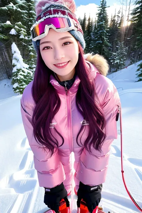 best quality, ultra high res, (photorealistic:1.4),absurdres,valentine,
1woman, photoshoot,mountain, front lighting,(sparkle),snow,
(((closeup))),looking at viewer,
blush,smile, [white:blue:0.2] hair,long hair,hair strand, (((full body shot))),
(((standing))),(((Henoty Ski Goggles))),(((Snow Coat))),(((Snow Pants))),((Womens Beanie Winter Hat)),halterneck,brooch