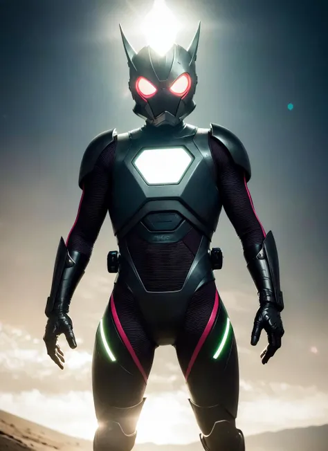 (sfw), 8k, RAW photo, Fujifilm eterna style photo, (dark:1.4), (backlit photography:1.4), (facing viewer:1.2), full body ,(kamen rider:1.1), grasshopper mask, multicolored (exosuit:1.2) with neon eyes, armored (belt and gauntlet:1.1), outdoor, fighting stance, (highly detailed:1.4), BREAK by Alyssa Monks , Annie Swynnerton , Beatrix Potter , Andrea Mantegna , Marco Mazzoni , Sara Wollfalk , Carlos Cruz-Diez , Saturno Butto , John Totleben , dust storm