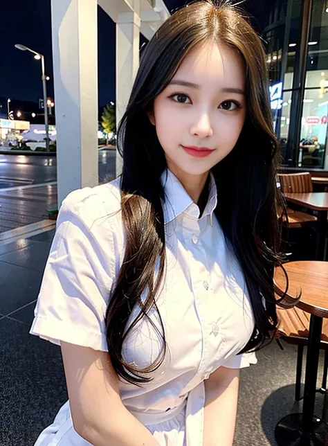 (8k, best quality, masterpiece:1.2), (realistic, photo-realistic:1.37), ultra-detailed, 1 girl,cute, solo,beautiful detailed sky,detailed cafe,night,sitting,dating,(nose blush),(smile:1.15),(closed mouth) small breasts,beautiful detailed eyes,(collared shirt:1.1), night, wet,business attire, rain,white lace, (short hair:1.2),floating hair NovaFrogStyle,