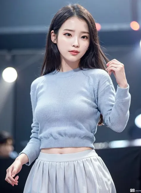 best quality, ultra high res, RAW photo, realistic, (solo), (photorealistic:1.4), a girl in blue sweater and grey skirt, dancing on an outdoor stage in a bright sunny day, the stage has no roof and has direct sunlight, she is looking at viewer, iu1, (iu), (lee ji eun), smile, small eyes, half-closed eyes, daytime, beautiful, masterpiece, extremely detailed face, perfect lighting, ultra detailed, bloom, (kpop idol), depth of field, small breasts