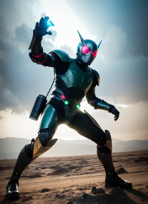 (sfw), 8k, RAW photo, Fujifilm eterna style photo,  (dark:1.4), (backlit photography:1.4), (facing viewer:1.2), full body ,(kamen rider:1.1), grasshopper mask, multicolored (exosuit:1.2) with neon eyes, armored (belt and gauntlet:1.1), outdoor,  fighting stance, (highly detailed:1.4), BREAK by Alyssa Monks , Annie Swynnerton , Beatrix Potter , Andrea Mantegna , Marco Mazzoni , Sara Wollfalk , Carlos Cruz-Diez , Saturno Butto , John Totleben , dust storm
