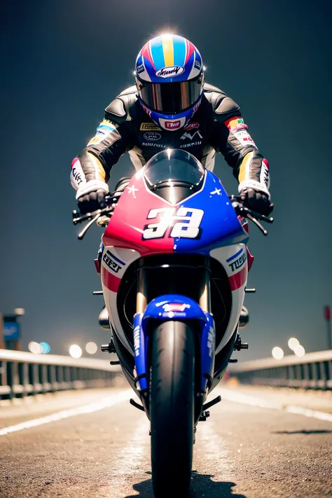 (sfw), 8k, RAW photo, Fujifilm eterna style photo, (night:1.2), facing viewer, full body portrait, studio lighting,  motogp motorcycle leather racing full suit, multicolored (Gauntlet Motorcycle Gloves:1.1), standing, evocative pose, (highly detailed skin:1.4),  highly detailed straight hair,  soft lighting