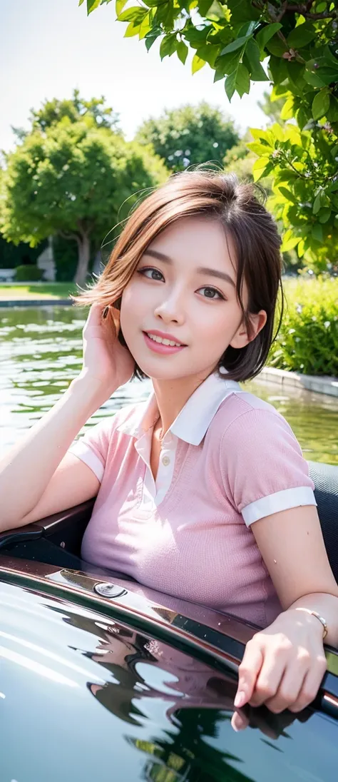 (8k, best quality, masterpiece:1.2), (realistic, photo-realistic:1.37), ultra-detailed, 1 girl,cute, solo,beautiful detailed sky,sitting,dating,(nose blush),(smile:1.15),(closed mouth) big breasts,beautiful detailed eyes,(collared shirt:1.1), (short hair:1.3),(floating hair NovaFrogStyle:1.2), jk,night, pink light, wet, park