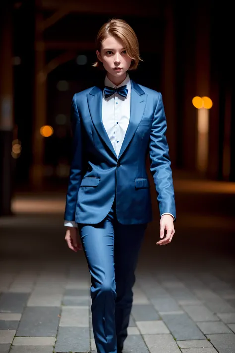 (sfw), 8k, RAW photo, Fujifilm eterna style photo, (backlit photography:1.1), (night:1.2), facing viewer, full body portrait, a beautiful swedish girl wearing business suit with bow tie, short hair, standing, evocative pose, detailed eyes, (highly detailed skin:1.4), highly detailed straight hair, slender body, bokeh, harsh lighting