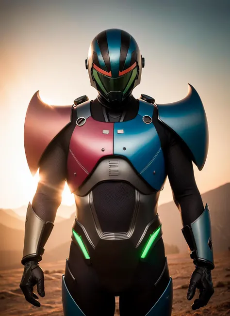 (sfw), 8k, RAW photo, Fujifilm eterna style photo, (dark:1.4), (backlit photography:1.4), (facing viewer:1.2), full body ,(kamen rider:1.1), grasshopper mask, multicolored (exosuit:1.2) with neon eyes, armored (belt and gauntlet:1.1), outdoor, fighting stance, (highly detailed:1.4), BREAK by Alyssa Monks , Annie Swynnerton , Beatrix Potter , Andrea Mantegna , Marco Mazzoni , Sara Wollfalk , Carlos Cruz-Diez , Saturno Butto , John Totleben , dust storm