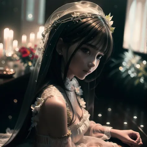 <lora:virtualgirlAim_v20:1>, front, front view, (RAW photo:1.2), (photorealistic:1.4),(intricate details:1.2),(masterpiece:1.3),(best quality:1.4), (ultra highres:1.2), cinema light, ultra high res,(detailed eyes),(detailed facial features),(detailed clothes features), white top, sitting, sit, HDR, 8k resolution, looking at viewer, (bangs:1.1), skin tight, (shiny skin),(slender girl),dreamlike,((white lace wedding dress)),nsfw, ((detailed wedding veil with flowers)), hair ornament, long white gloves, white ribbon, lace on legs, narrow waist, soaked, wet clothes, wet hair, water drop, translucent, (extreme detailed illustration), bedroom, straight hair, long hair, black hair, light blue eyes, 1girl, cute, innocent, (smile), skinny body, indoors, sunset, night, <hypernet:hypernetworkForProject_hypernetworkForProject:1>, <hypernet:sxzBloom_sxzBloom:1>